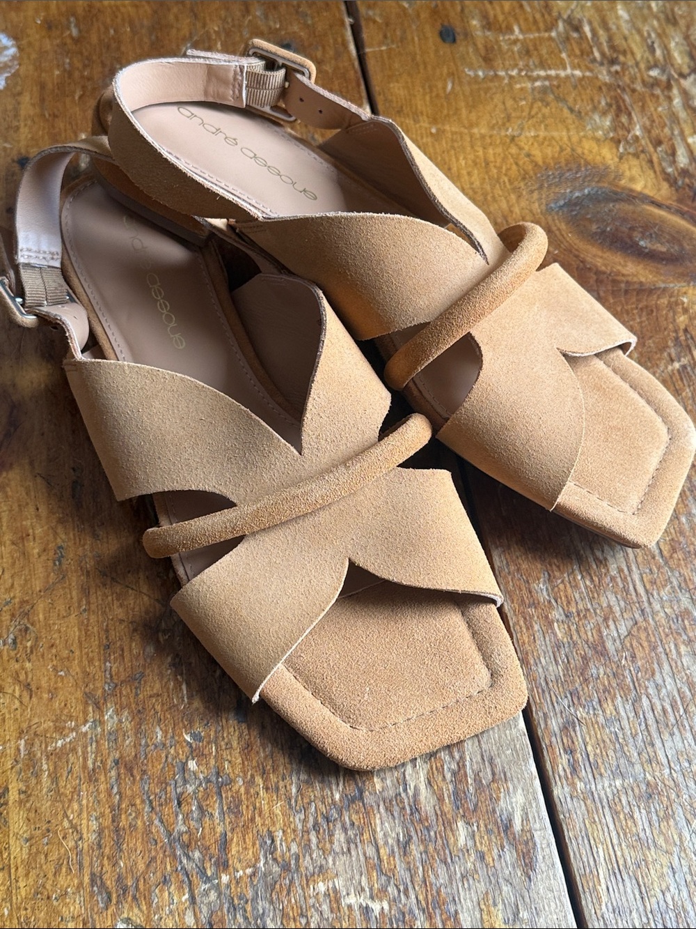 New Andre Assous Caramel Suede Low Block Heel Slingback Sandals